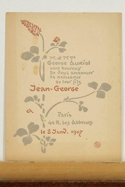 George Auriol (Jean-Georges Huyot, dit) (1863-1938)
Carte de naissance de Jean-George Auriol. 1907. Lithographie. 108 x 140. Procédé photomécanique (gillotage). 109 x 140. Fields 427. Impression en deux tons. Épreuve sur vélin fort. Traces d?oxydation. Joint: carte publicitaire pour la sortie du livre Les Aventures du Capitaine Longoreille par G. Auriol. 1921. Procédé photomécanique. 95 x 130. Fields 423. Ens. 2 p