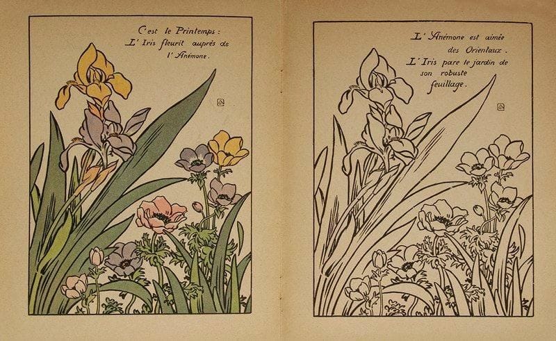 George Auriol (Jean-Georges Huyot, dit) (1863-1938)
Premières Fleurs. Album de coloriage, coll. «Les Leçons de Choses du Petit Coloriste». Paris, Henri Laurens éd., [1916]. Un vol. in-4, 220 x 270, 8 ff., orné de 14 pl. en double état, l?un en couleurs, l?autre en noir à colorier, avec chacun une légende. Procédé photomécanique d?après des dessins de Auriol. Cartonnage illustré de l?édition. Exemplaire légèrement défraîchi pour cause d?usage (certains dessins coloriés). Joint: La Lecture Illustrée, n° 15, 10 novembre 1896. Paris, F. Juven et Co. Fascicule in-4, couv. illustrée par G. Auriol. Ens. 2 vol
