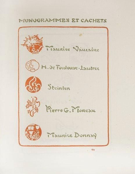 George Auriol (Jean-Georges Huyot, dit) (1863-1938)
Le Premier Livre des cachets, marques et monogrammes dessinés par George Auriol. Paris, Libr. Centrale des Beaux-arts, 1901. Un vol. in-8, broché, couv. illustrée rempliée. Préface de Roger Marx. Envoi de l?auteur à l?encre orange: «To the Editor of the Magazine of Art Very sincerely George Auriol». Petites rousseurs. Joint: prospectus-annonce pour l?ouvrage, supplément à la revue Art et Décoration, mars 1902, remplié, avec petites restaurations