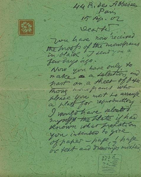George Auriol (Jean-Georges Huyot, dit) (1863-1938)
Deux L.A.S. en date respectivement du 27 mars et du 15 avril 1902, sur vergé et sur papier exotique teinté vert, en anglais, adressées à l?éditeur (indéterminé) d?un magazine d?art à qui Auriol demande de bien vouloir mentionner son livre sur les monogrammes et d?en reproduire certains. Les feuillets ornés chacun d?un timbre différent de l?artiste (reproduits dans Fields p. 17 et 122) Ens. 2 p. va cueillir