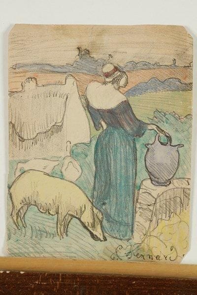 Emile BERNARD (1868-1941)
Paysanne bretonne ou La Femme à la cruche. 1889. Zincographie. 225 x 290. Morane 18. Épreuve sur vélin mince crème, aquarellée par l?artiste, les angles abattus, légèrement incomplète en pied. Courtes déchirures anciennement restaurées au verso. Traces de colle le long du bord gauche au verso. Rousseurs et oxydation