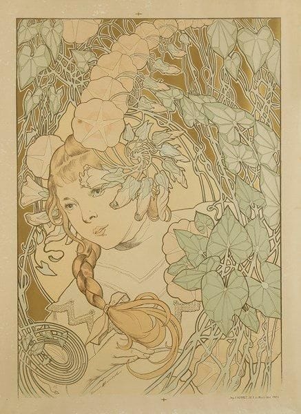 FIRMIN BOUISSET (1859-1925)
Jeune fille à la tresse dans un décor de feuillages. Vers 1900. Lithographie. 418 x 800. Impression en couleurs. Bonne épreuve sur vélin, légèrement oxydée. Toutes marges. Cadre