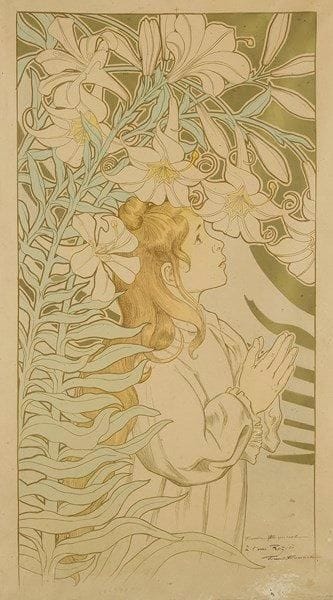 FIRMIN BOUISSET (1859-1925)
Jeune fille en prière dans un décor de lys. Vers 1900. Lithographie. 418 x 800. Impression en couleurs. Bonne épreuve sur vélin, légèrement oxydée, dédicacée «à l?ami Roziès» et signée à la plume. Minuscules taches éparses, petites épidermures et trous en pied. Toutes marges. Cadre