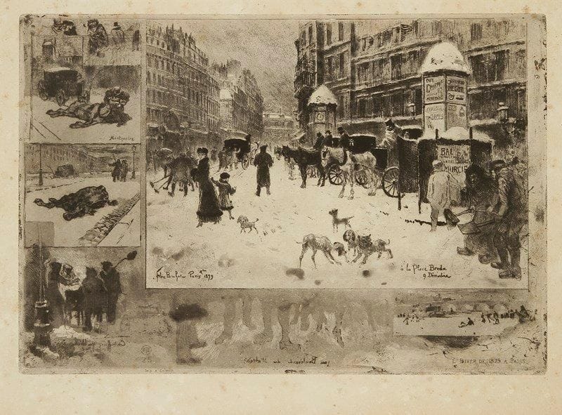 Félix BUHOT (1847-1898)
L?Hiver à Paris, ou La Neige à Paris. 1879. Eau-forte, pointe sèche et vernis mou. 347 x 238. Bourcard, Goodfriend 128. Belle épreuve sur vergé, du tirage de L?Art. Rousseurs. Traces de plis aux bords du feuillet. Toutes marges