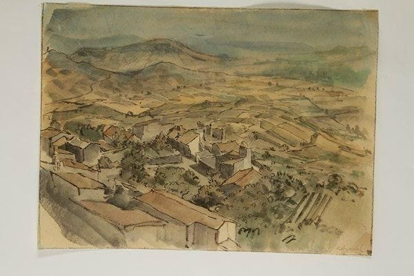 Jules CHADEL (1870-1941)
Paysage panoramique d?Auvergne. Lavis d?encre de chine et aquarelle sur japon vergé pelure finement doublé par l?artiste sur japon mince [433 x 317], avec filet d?encadrement à la pierre noire, signé à la mine de plomb dans l?angle inférieur droit. Quelques traces de plis et minuscules amincissures visibles par transparence
