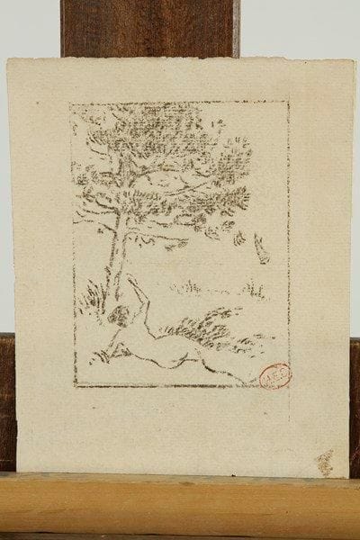 Henri-Édmond CROSS (1856-1910)
[Femme nue étendue sous un pin devant la mer]. Vers 1900. Monotype (ou gravure au noir de fumée sur celluloïd). 84 x 110. Intéressante et rarissime épreuve sur vergé, timbrée dans l?angle inférieur droit du sujet (Lugt 1305a). Petit reste d?adhésif dans l?angle inférieur gauche du feuillet au verso, légèrement oxydé. Oxydation du feuillet au verso. Bonnes marges. Ex-coll. Fritz Gross (Lugt non décrit)