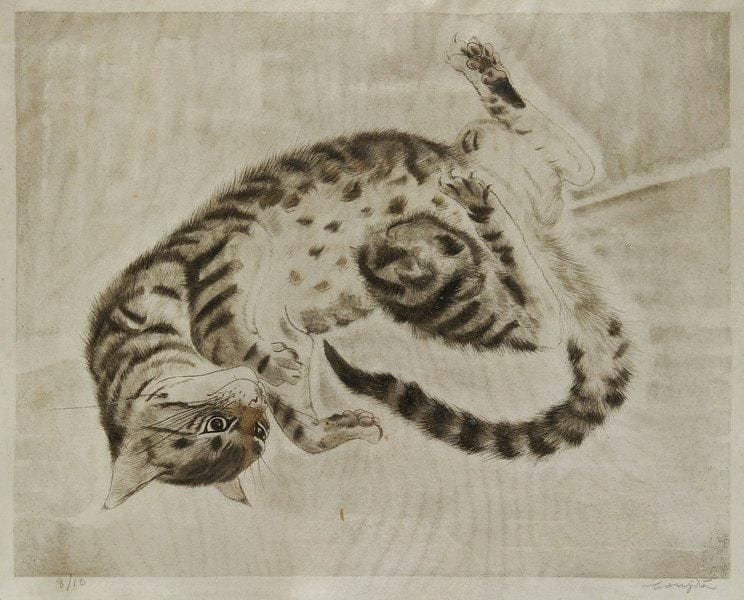 Léonard-Tsuguharu FOUJITA (1886-1968)
Chat couché sur le dos. 1929. Eau-forte, pointe sèche et aquatinte. À vue: 385 x 315. Buisson 29.168. Impression en couleurs. Belle épreuve sur parchemin, numérotée et signée à la mine de plomb. Oxydation sous le passe-partout. Marges. Tirage à 10 épreuves sur ce papier. Tirage total à 110 épreuves. Cadre