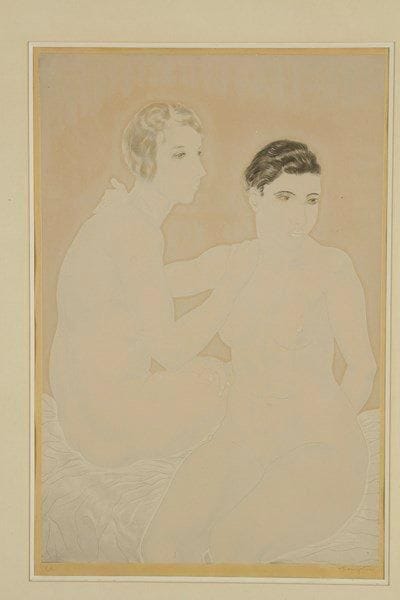 Léonard-Tsuguharu FOUJITA (1886-1968)
Deux femmes. Pl. de l?album Les Femmes. 1930. Eau-forte. À vue: 383 x 575. Buisson 30.126. Impression en couleurs. Très belle épreuve sur chine appliqué, justifiée «E.A.» et signée à la mine de plomb. Marges. Tirage à 100 épreuves. Éditions Artistiques Apollo. Cadre