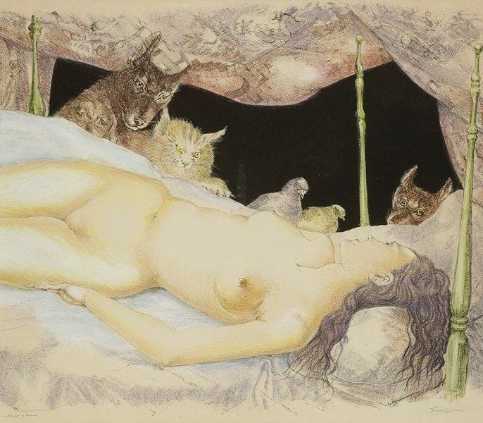 Léonard-Tsuguharu FOUJITA (1886-1968)
Le Rêve. Vers 1947. Lithographie. 695 x 557. Buisson 47.19. Très belle épreuve d?essai sur vélin crème, tirée pleine marge à gauche, exceptionnellement et largement rehaussée au pastel, annotée (par une main étrangère) «H.C. épreuve d?essai rehaussée à la main» et signée à la mine de plomb par l?artiste. Trace claire d?oxydation à l?ouverture du montage. Infimes arrachements aux bords latéraux, consécutifs à un ancien désencadrement. Toutes marges   
Signature non garantie.      