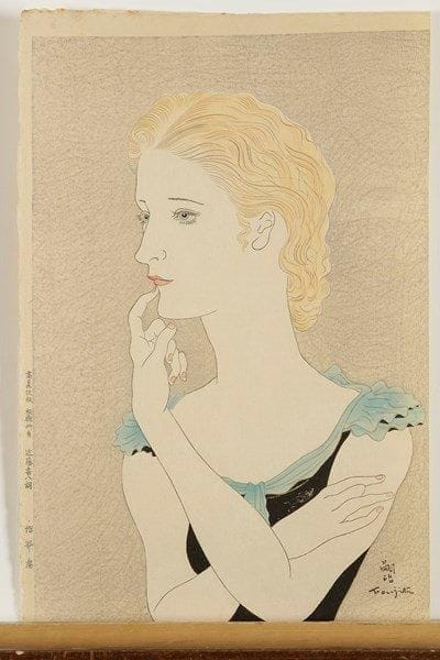 Léonard-Tsuguharu FOUJITA (1886-1968)
Portrait de jeune femme blonde. 1935. Bois gravé. [265 x 395]. Buisson 35-08. Impression en couleurs. Très belle et fraîche épreuve d?un tout premier tirage demeuré inconnu à S. Buisson, effectué par Takamizawa. Infimes traces d?adhésif oxydées en tête. Court pli de tirage au bord droit. Toutes marges. Timbre japonais au verso. Très rare