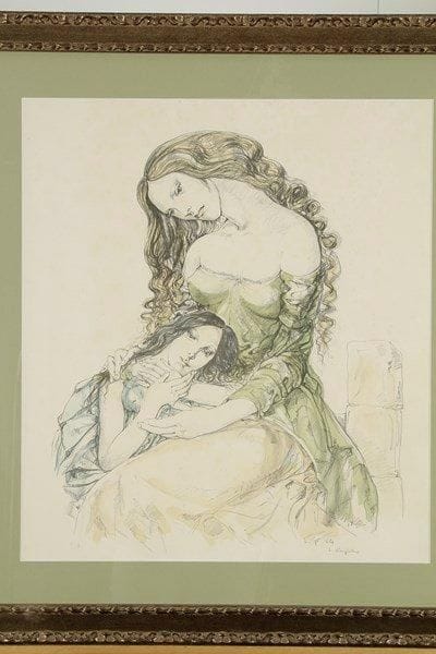 Léonard-Tsuguharu FOUJITA (1886-1968)
Mère et enfant. 1964. Lithographie. 455 x 550. Buisson 64.28. Très belle épreuve sur vélin blanc fort, largement aquarellée, justifiée «E.A» et signée à la mine de plomb. Petites traces de plis épars. Marges. Tirage définitif à 100 épreuves. Éd. de la Guilde de la Gravure, Genève. Cadre   
Signature non garantie.      