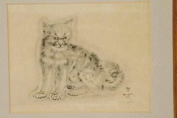 Léonard-Tsuguharu Foujita (1886-1968) (d?après)
Érigone (chat de face). 1929. Procédé photomécanique d?après un dessin à l?encre de chine. 260 x 298. Buisson 29.167. Très belle épreuve sur japon, signée à la mine de plomb. Marges. Cadre