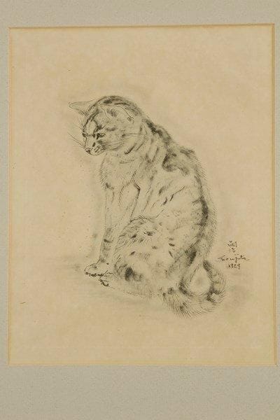 Léonard-Tsuguharu Foujita (1886-1968) (d?après)
Azubah (chat assis tourné vers la gauche). 1929. Procédé photomécanique d?après un dessin à l?encre de chine. 198 x 260. Buisson 29.131. Très belle épreuve sur japon. Quelques très fins plis cassés. Marges. Cadre