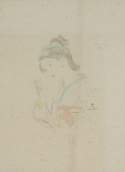 Léonard-Tsuguharu Foujita (1886-1968) (d?après)
Japonaise en kimono tenant une fleur. Vers 1930. Procédé photomécanique. 278 x 378. Buisson non décrit. Impression en couleurs. Belle épreuve sur chine appliqué. Rousseurs claires éparses. Traces de frottement en surface. Grandes marges. Cadre