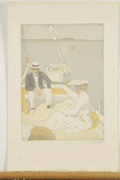 Raoul du GARDIER (1871-1952)
À bord, la passagère, ou Yachting. 1909. Eau-forte et aquatinte. 248 x 348. I.F.F. p. 155. Impression en couleurs. Très belle et fraîche épreuve sur vélin, numérotée et signée à la mine de plomb. Ancien timbre du prix au verso. Toutes marges. Tirage à 50 épreuves. Timbre de l?éditeur Ch. Hessèle (Lugt 554)