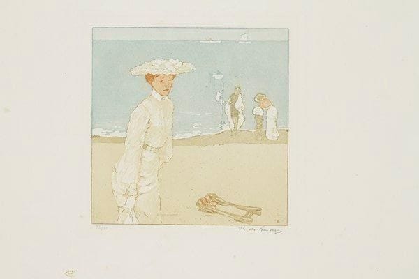 Raoul du GARDIER (1871-1952)
Femme en blanc sur la plage. Vers 1905-1910. Eau-forte et aquatinte. 170 x 175. Impression en couleurs. Très belle épreuve sur vélin, soigneusement lavée, numérotée et signée à la mine de plomb. Ancien timbre du prix au verso. Toutes marges. Tirage à 50 épreuves. Timbre de l?éditeur Ch. Hessèle (Lugt 554, légèrement passé)
