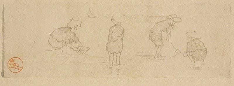 Marie Gautier (1867 ou 1870- ?)
Quatre enfants au bord de l?eau. Vers 1895-1900. Vernis mou. 265 x 85. Impression en gris bistré. Belle épreuve sur japon, timbrée. Plis de manipulation et plis cassés. Petites marges normales