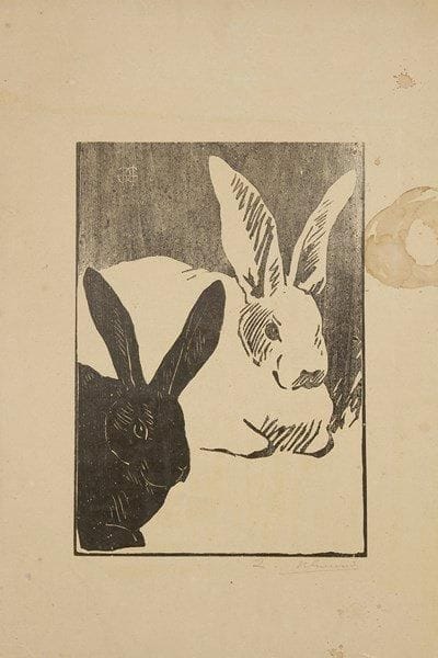 Henri GUERARD (1846-1897)
Les Lapins. Avant 1892. Bois gravé. 230 x 328. Bertin 338. Bonne épreuve sur vélin fort, numérotée et signée à la mine de plomb, manquant de conservation. Déchirures, manques et taches essentiellement hors du sujet. Marges. Tirage à 100 épreuves. Timbre sec: L?Estampe originale (Lugt 819)