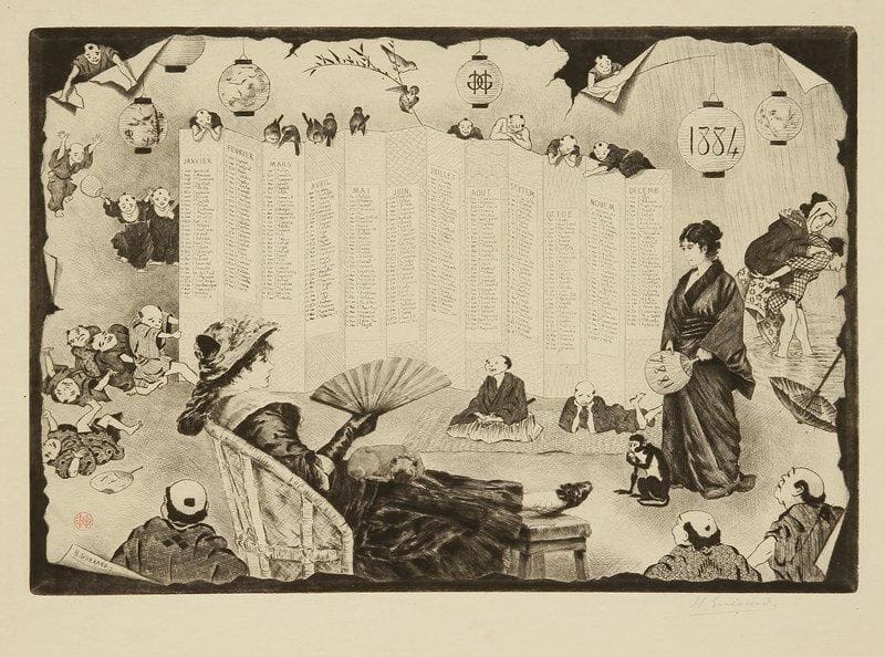 Henri GUERARD (1846-1897)
Calendrier pour 1884, fantaisie franco-japonaise. 1884. Eau-forte, pointe sèche et roulette. 330 x 225. Bertin 397. Parfaite épreuve sur japon, timbrée (Lugt 1157) signée à la mine de plomb puis annotée en pied: «Jap. Tiré à 15 n° 1», de nouveau timbrée et paraphée. Toutes marges
