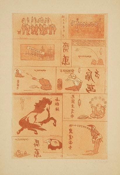 Henri GUERARD (1846-1897)
Dix cartes de visite de l?auteur. Avant 1888. Eau-forte et aquatinte. 242 x 370. Bertin 370. Impression en sanguine. Très belle épreuve sur vélin fort crème, signée à la mine de plomb. Toutes marges