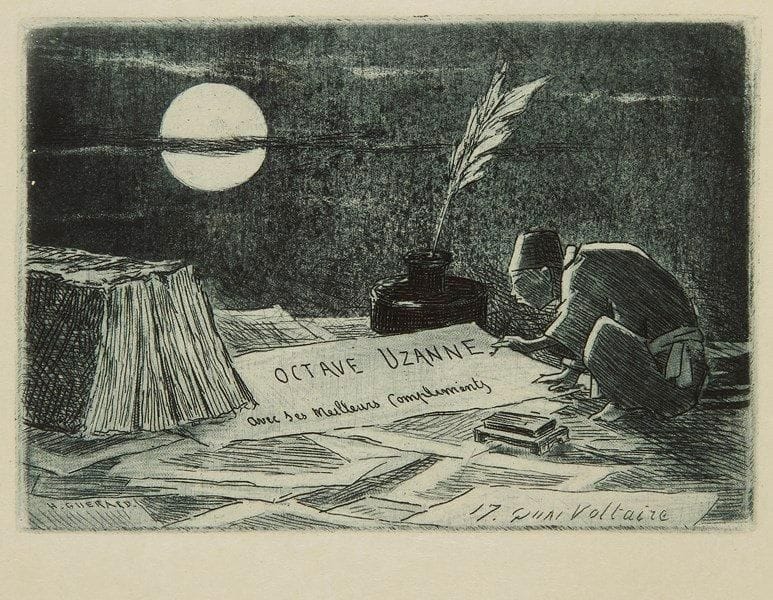 Henri GUERARD (1846-1897)
Carte pour Octave Uzanne. Vers 1888. Eau-forte et aquatinte. 108 x 75. Bertin 376. Impression en bleu nuit. Épreuve sur vélin accompagnée de son enveloppe d?expédition à l?adresse de Victor Déséglise (cachet à la date du 27 décembre 1888)