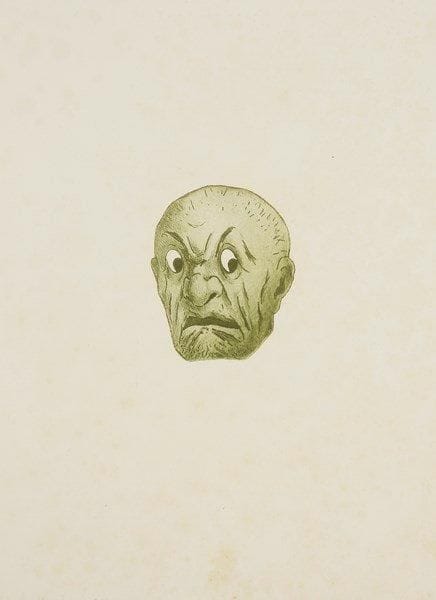 Henri GUERARD (1846-1897)
Masque japonais (la peur). Avant 1888. Eau-forte et aquatinte sur cuivre découpé. Feuillet: 277 x 380. Bertin 405; Bonafous-Murat 278. Impression en vert. Très belle épreuve sur vélin blanc, numérotée au composteur au verso. Quelques rousseurs claires. Toutes marges. Tirage à 225 épreuves en 1895 pour L?Épreuve, album d?art
