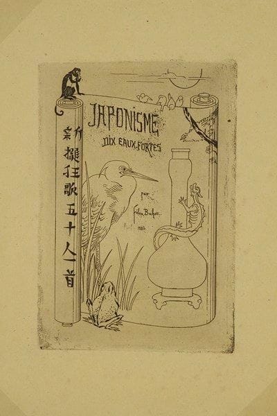 Henri GUERARD (1846-1897)
Japonisme. Dix Eaux-fortes par Félix Buhot. Avril 1885. Titre pour l?album. Eau-forte sur zinc. 180 x 262. Bourcard-Goodfriend 11; Bertin 418. Très belle épreuve sur vergé teinté olive. Toutes marges