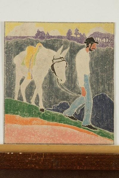 Edna Boies Hopkins (américaine, 1872-1937)
The Mountaineer. 1917. Bois gravé. 230 x 255. Vasseur 15. Impression en couleurs. Très belle épreuve sur japon, rognée au sujet. Traces de plis et petite auréole d?humidité essentiellement visibles au verso