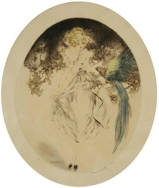 Louis ICART (1888-1950)
La Femme au perroquet. Sujet ovale. 1920. Eau-forte et pointe sèche. 380 x 475. Impression en couleurs. Très belle épreuve sur vélin, légèrement oxydée, numérotée et signée à la mine de plomb. Timbre sec de l?artiste. Éd. de L?Estampe Moderne. Marges. Cadre