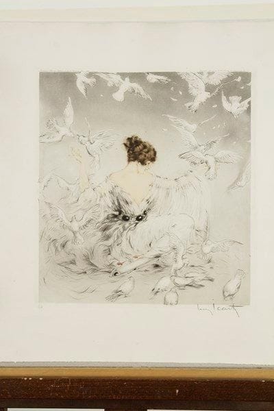 Louis ICART (1888-1950)
Femme aux colombes. 1922. Pointe sèche. 355 x 390. Impression en couleurs. Très belle épreuve sur vélin blanc, numérotée et signée à la mine de plomb. Petites épidermures et traces de colle aux bords du feuillet au verso. Grandes marges. Éd. de L?Estampe Moderne