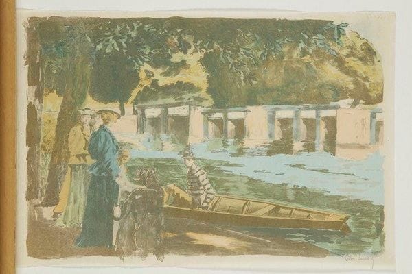 Alexandre LUNOIS (1863-1916)
L?Embarquement ou La Partie de canot. Vers 1895. Lithographie. 375 x 255. I.F.F. 71. Impression en couleurs. Très belle épreuve sur japon pelure, signée à la mine de plomb. Petites marges normales
