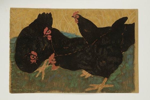 Georges MANZANA-PISSARRO (1871-1961)
Quatre poules noires. Vers 1920. Pochoir en couleurs et à l?encre bronze doré et argent. [490 x 320]. Très belle épreuve sur vélin chamois grenu, signée et numérotée à la plume et à l?encre bronze doré. Deux minuscules arrachements en surface. Toutes marges. Tirage à 100 épreuves