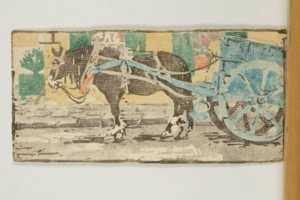 Ethel Mars (américaine, 1876-1959)
Âne attelé à une carriole. Vers 1904-1908. Bois gravé. 217 x 107. Impression en couleurs. Très belle épreuve sur vergé, rognée au sujet comme à l?ordinaire. Fin pli de tirage le long du bord gauche. Timbre rouge au verso