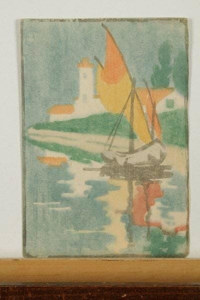 Ethel Mars (américaine, 1876-1959)
Barque à voile, région de Chioggia. Vers 1906. Bois gravé. 128 x 182. Impression en couleurs. Très belle épreuve sur japon, rognée au sujet comme à l?ordinaire. Timbre rouge au verso