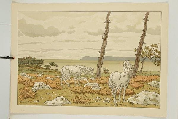 Henri RIVIERE (1864-1951)
La Baie. (Pl. 1des Aspects de la Nature). 1897. Lithographie. 830 x 548. Fields p. 76. Impression en couleurs. Très belle épreuve sur vélin glacé ivoire. Deux petits restes d?adhésif en tête au verso. Un pli cassé oblique pénétrant légèrement dans le sujet en pied. Menus accidents aux bords du feuillet. Toutes marges