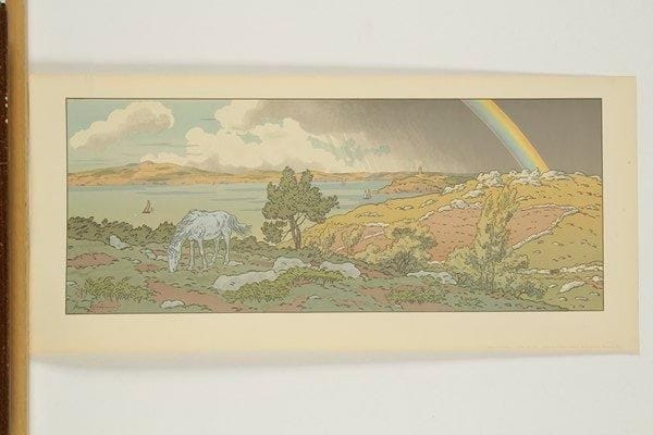 Henri RIVIERE (1864-1951)
L?Arc-en-ciel. (Pl. 3 de La Féerie des Heures). 1901. Lithographie. 595 x 240. Fields p. 77. Impression en couleurs. Très belle et fraîche épreuve sur vélin ivoire. Deux petits restes d?adhésif et légère épidermure en tête au verso. Toutes marges