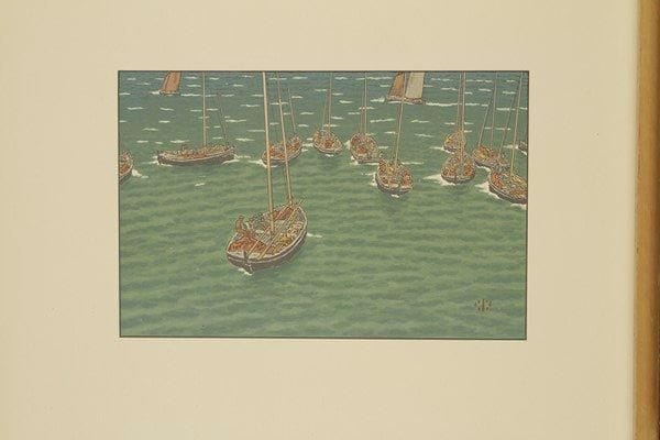 Henri RIVIERE (1864-1951)
Bateaux au mouillage à Tréboul. (Pl. 5 du Beau Pays de Bretagne). 1906. Lithographie. 352 x 230. Fields p. 77. Impression en couleurs. Très belle épreuve sur vélin ivoire. Marges légèrement réduites