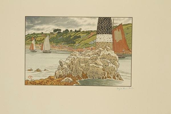 Henri RIVIERE (1864-1951)
La Balise sur le Trieux. (Pl. 11du Beau Pays de Bretagne). 1908. Lithographie. 353 x 230. Fields p. 79. Impression en couleurs. Parfaite épreuve sur vélin ivoire, numérotée et signée au crayon bleu. Toutes marges