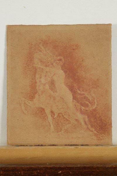 Pierre Roche (Fernand Massignon, dit) (1855-1922)
Femme et centaure. Vers 1895-1900. Glyptographie. 125 x 140. Impression en sanguine. Belle épreuve sur vélin chamois. Marges étroites. Joint: carte de voeux pour 1903. Glyptographie. 95 x 55. Impression en bleu clair. Belle épreuve sur japon. Ens. 2 p