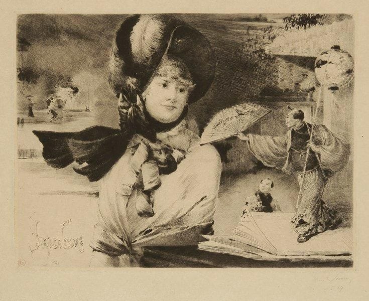 Henry Somm (Henry-François Sommier, dit) (1844-1907)
Japonisme. 1881. Pointe sèche. 317 x 240. Beraldi 35; Weisberg 61a. Très belle épreuve sur japon, timbrée, signée et numérotée à la mine de plomb. Trace claire d?oxydation à l?ouverture d?un ancien montage. Infimes traces de plis aux bords du feuillet. Toutes marges