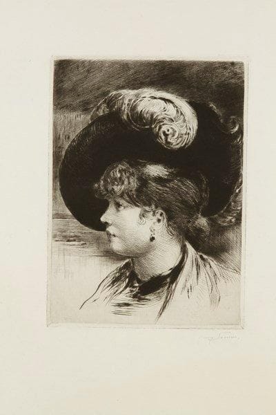 Henry Somm (Henry-François Sommier, dit) (1844-1907)
Femme au chapeau à plume. Pointe sèche. 155 x 215. Très belle épreuve sur vélin fort, soigneusement lavée, signée à la mine de plomb. Toutes marges
