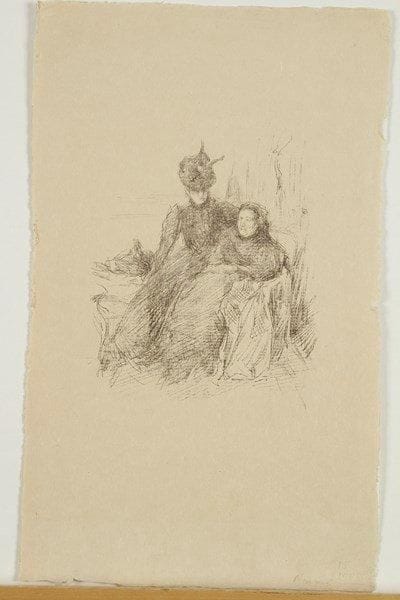 James Abbott Mc Neill Whistler (1834-1903)
Mother and Daughter (la mère malade). 1897. Autographie. 160 x 185. Levy 77; Tedeschi-Stratis 174. Très belle épreuve sur japon. Fins plis cassés horizontaux en tête et en pied. Toutes marges non ébarbées. Tirage à env. 200 épreuves. A. Vollard éditeur