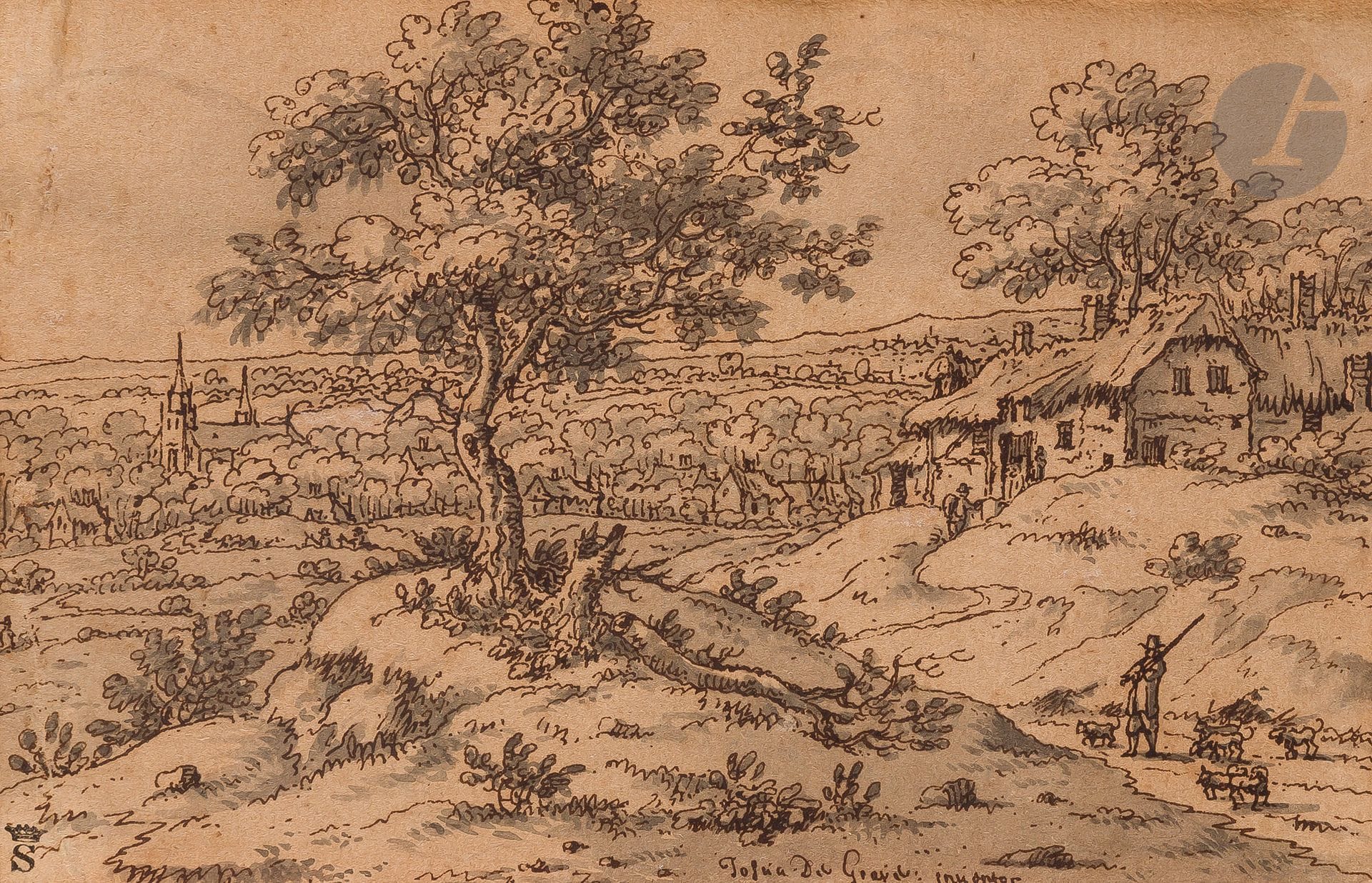 *Josua DE GRAVE (Amsterdam 1643 - 1712 La Haye)
Paysage animé
Encre et encre brune, lavis gris.
Signée en pied. 
10,2 x 15,7 cm

Provenance : 
- Collection Suchtelen, son cachet en bas à gauche (Lugt 2332). 
- Collection Alfred Normand, son cachet au verso (L. 153c). 
- Collection Ulmann, son cachet au verso (L. 3533).
- Vente Mes Beaussant Lefèvre, Collection Jacques et Colette Ulmann, 10 février 2022, n°123.