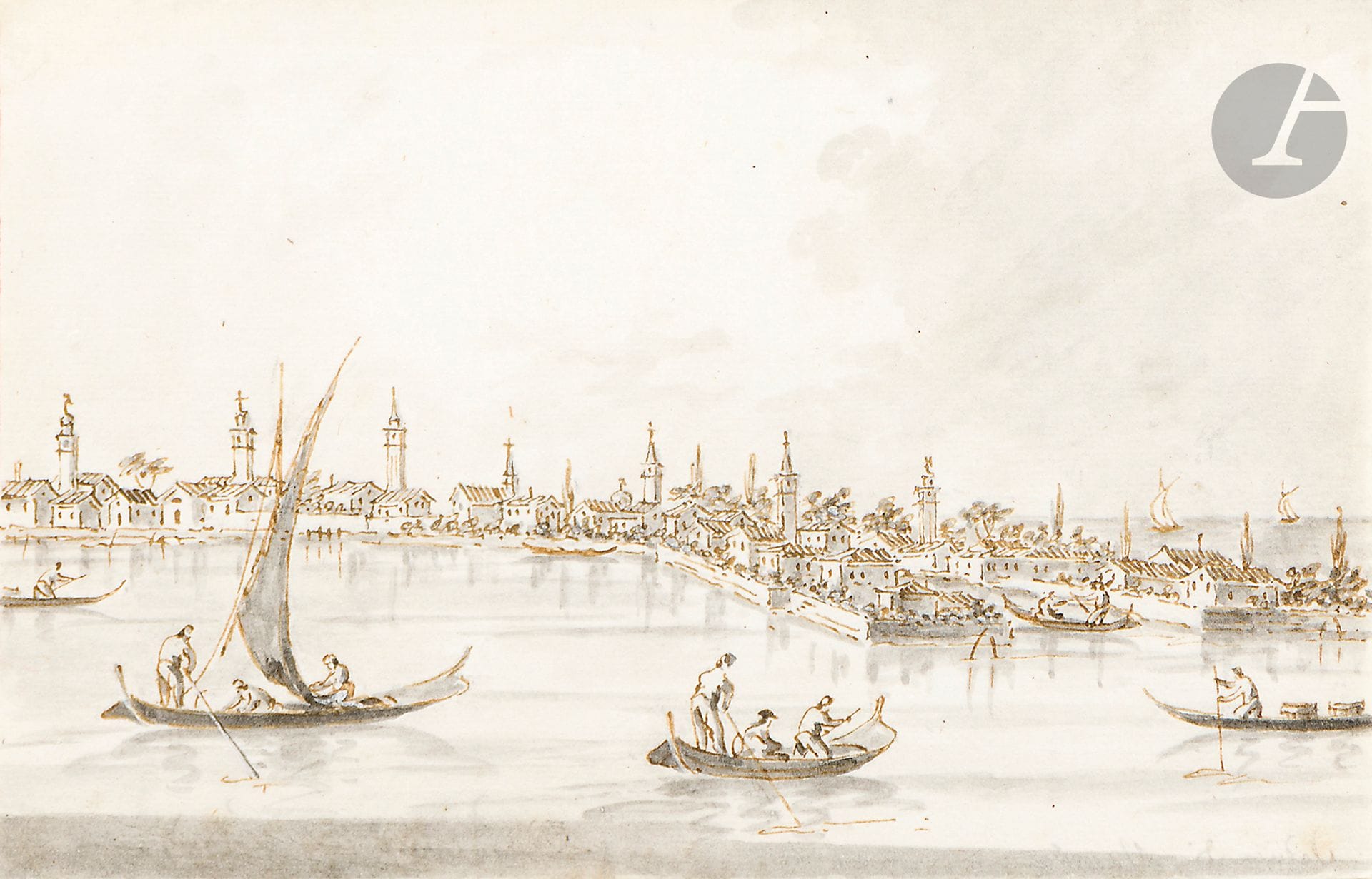 *Giacomo GUARDI (Venise 1764-1825)
Île de Mazzorbo
Plume, encre brune et lavis gris.
Signée et située au verso " veduta de mazzorbo ". 
(Doublé sur un papier japon). 
12,5 x 19,9 cm

Provenance :
Vente Christie's, Londres, 8 décembre 2017, n°261.