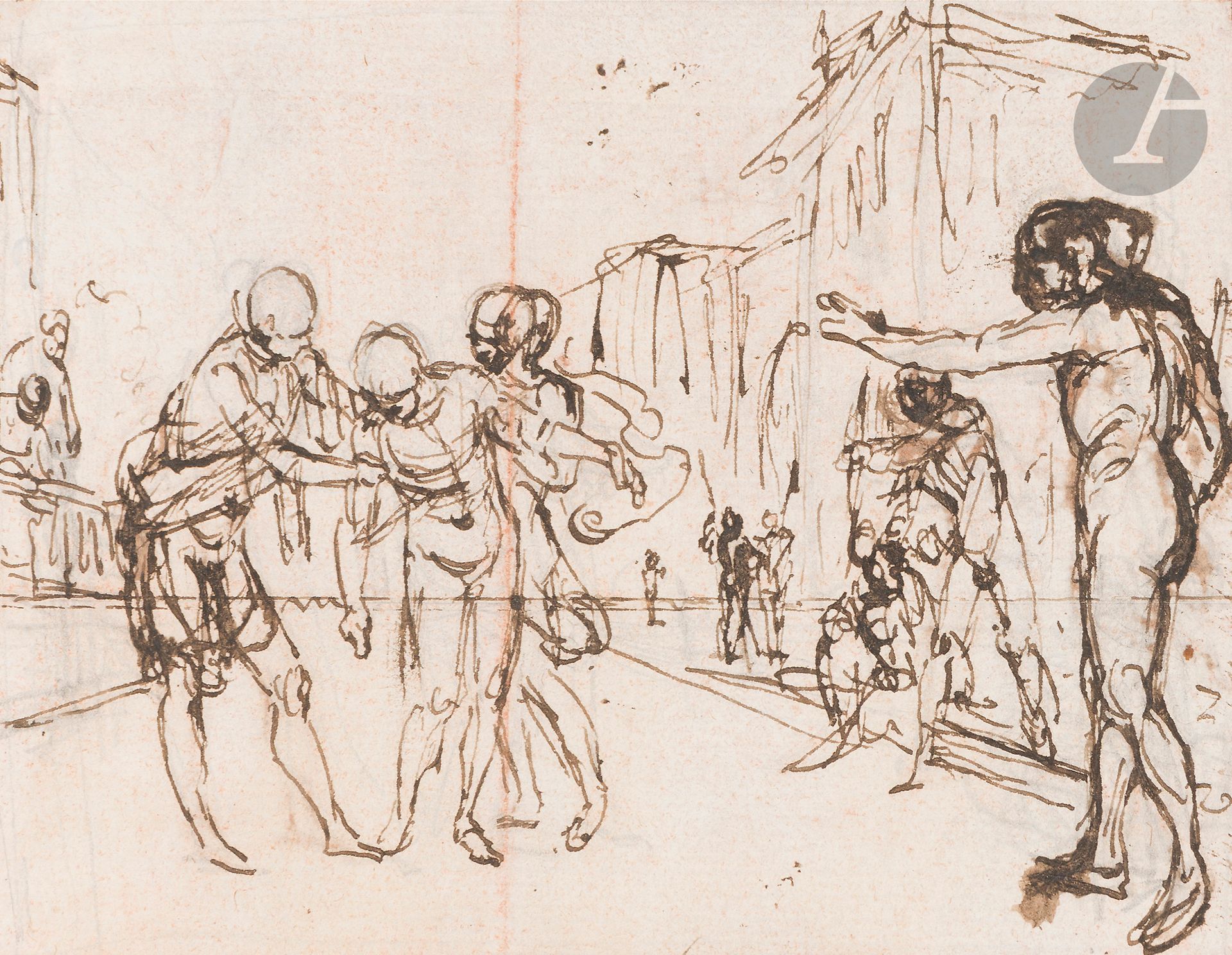 *Hubert François GRAVELOT (Paris 1699-1773)
Scène d'Histoire ancienne
Plume, encre brune, crayon noir et sanguine.
(Petites rousseurs et usures).
8,5 x 11 cm