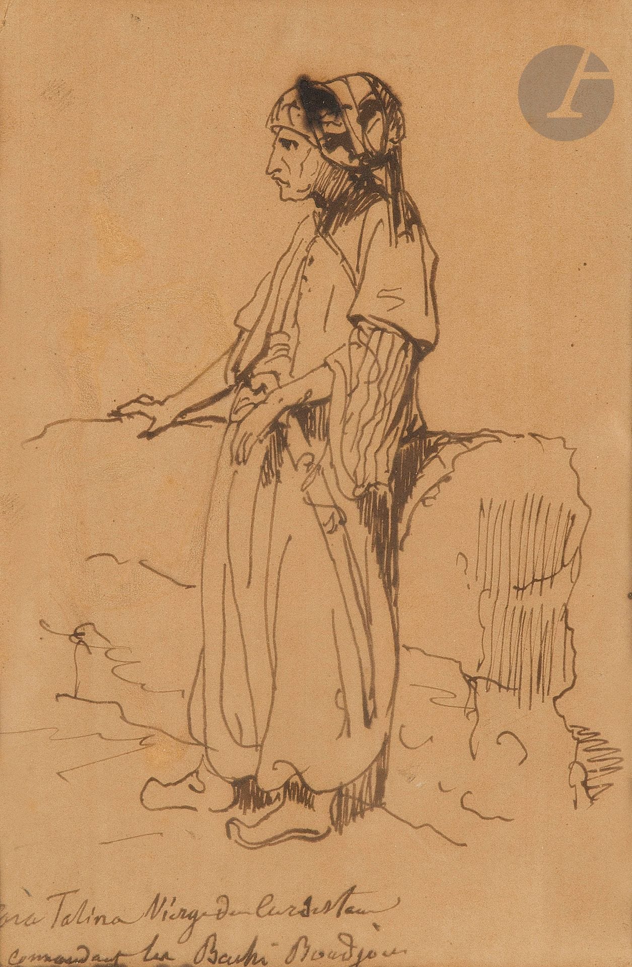 Horace VERNET (Paris 1789-1863)
Full-length Oriental
Pen, brown ink and brown wash.
Dedicated and monogrammed lower right.
(Iron gall ink).
19 x 13 cm 

Attached is a portrait of the commander of "Bachi Boudjour".