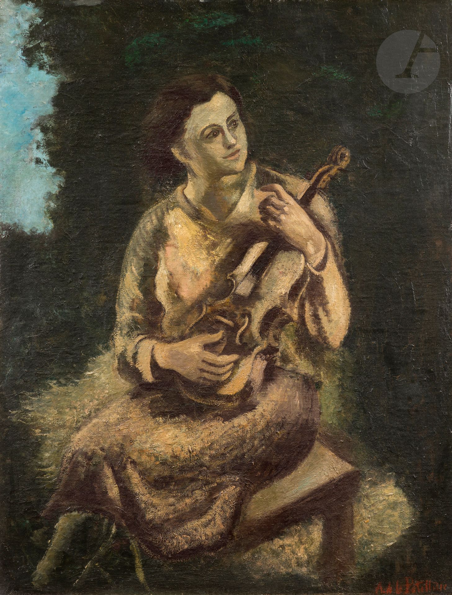 Amédée de LA PATELLIÈRE (1890-1932)
Woman with violin, 1931
Oil on canvas.
Signature stamp lower right.
116 x 89 cm

Exhibitions : 
- Amédée de La Patellière, Galerie Charpentier, Paris, May 16 - June 10, 1942, no. 6.
- Amédée de la Patellière, Musée National d'Art Moderne, Paris, September 29 - November 10, 1945, 
n° 109.
- Musée des Beaux-Arts, Algiers, 1949, no. 42.