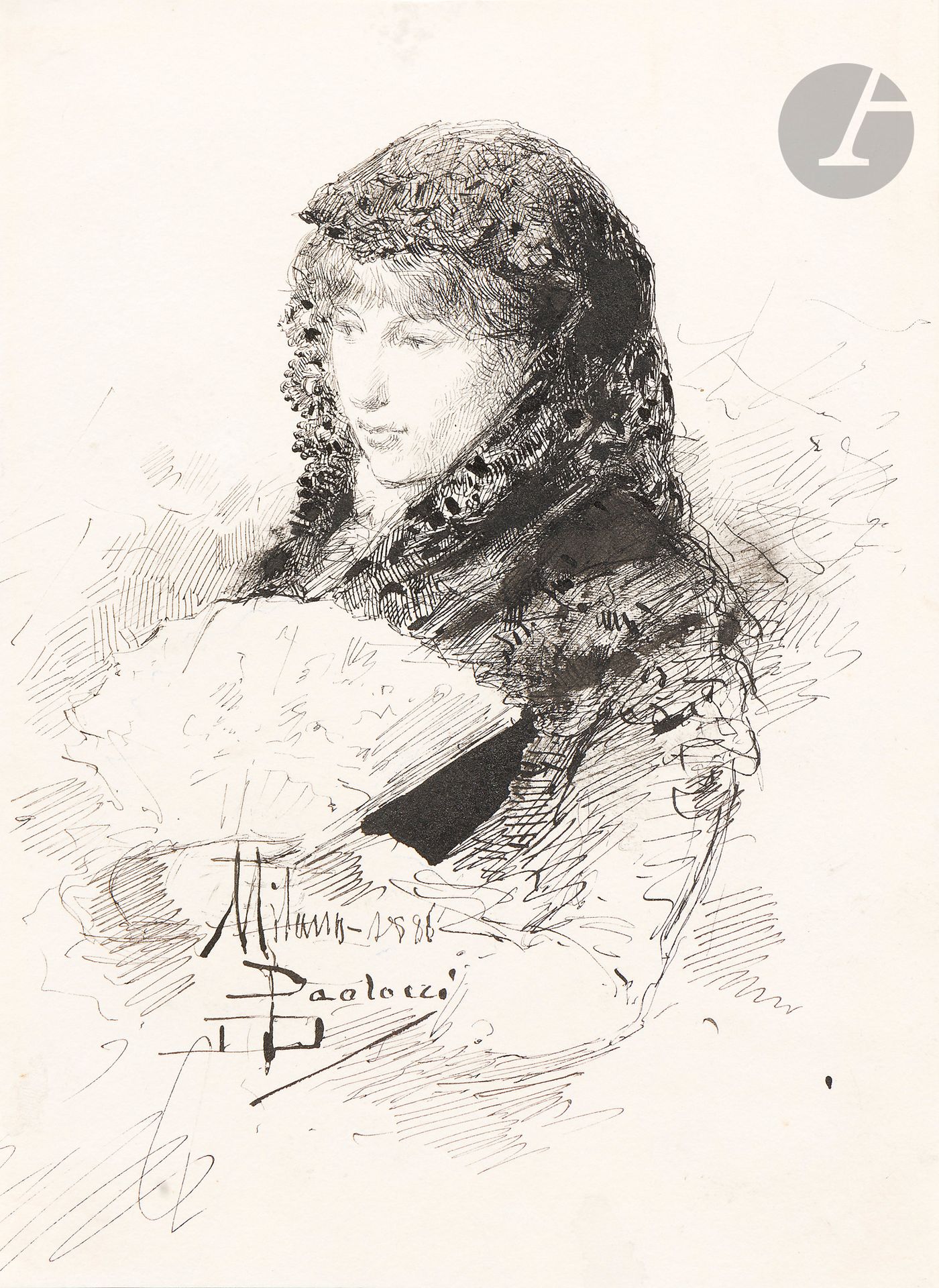 *Dante PAOLOCCI (Civitavecchia 1849 - Roma 1926)
Femme à l'éventail, 1886
Encre noire. 
Signée, datée et située " Milano " en pied vers la gauche. 
19,8 x 14,4 cm

Provenance : 
Giovanni Piancastelli (1845-1926), peintre, collectionneur et Directeur de la Galleria Borghese, Rome.