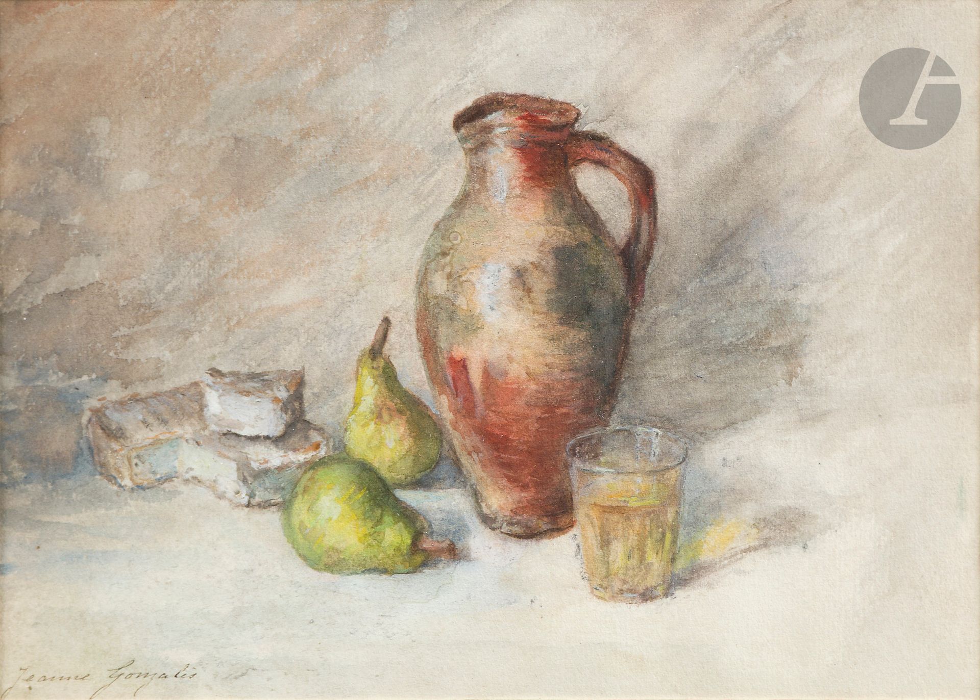Jeanne GUÉRARD-GONZALES (1856-1924)
Still life with chicken - Still life with pitcher and pears - Chair on peron
3 watercolors and gouaches.
Signed lower left.
14.5 x 20.5 cm - 13.5 x 20.5 cm - 23 x 17.5 cm
