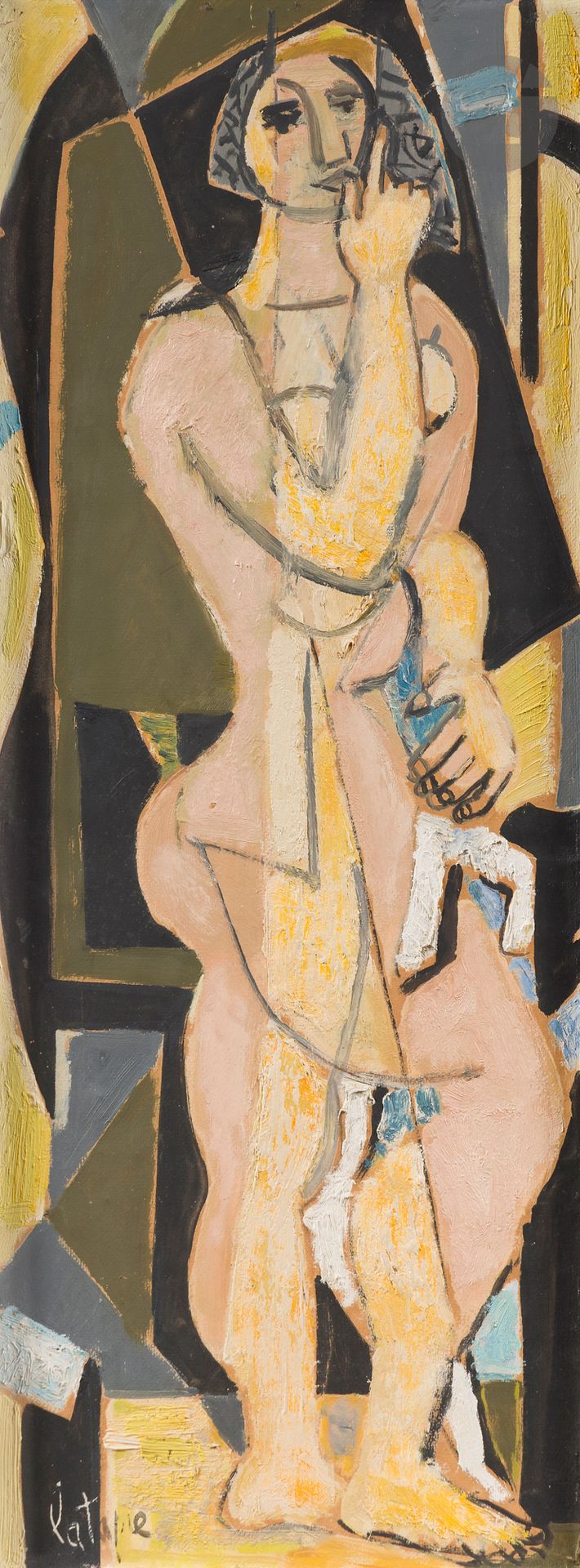 Louis LATAPIE (1891-1972)
La Cariatide calme
Huile sur panneau.
Signée en bas à gauche.
Titrée au dos.
65 x 24 cm